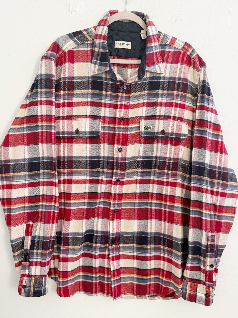 NEW Lacoste Men's Red Blue Plaid Flannel Shirt Button Down XLARGE - Picture 7 of 11